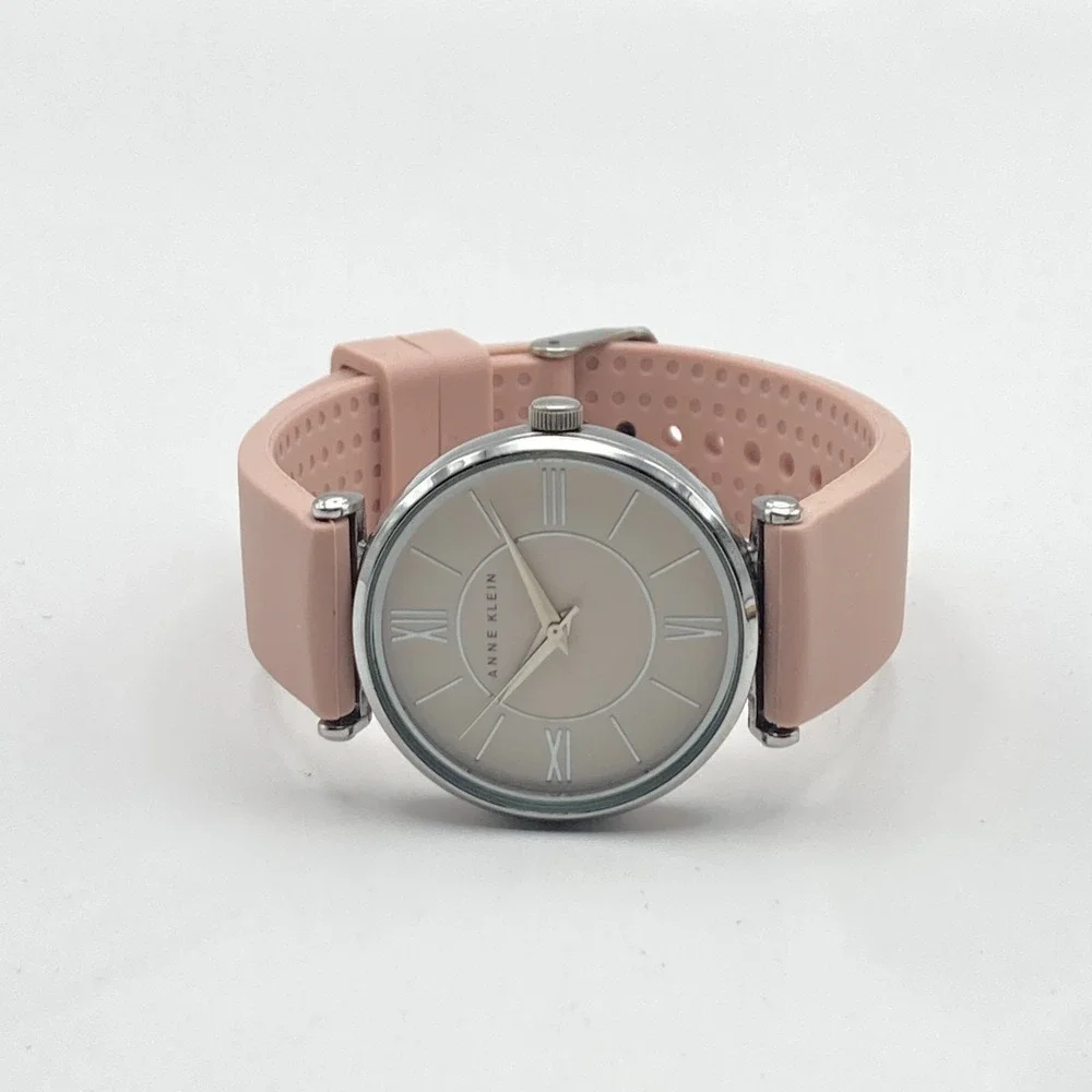 Anne Klein Women's Watch 34mm Silver Tone Beige Dial Silicone Band New Battery